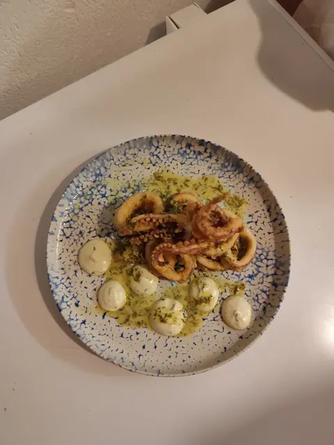 Calamari with little dollops of sauce on a speckled plate